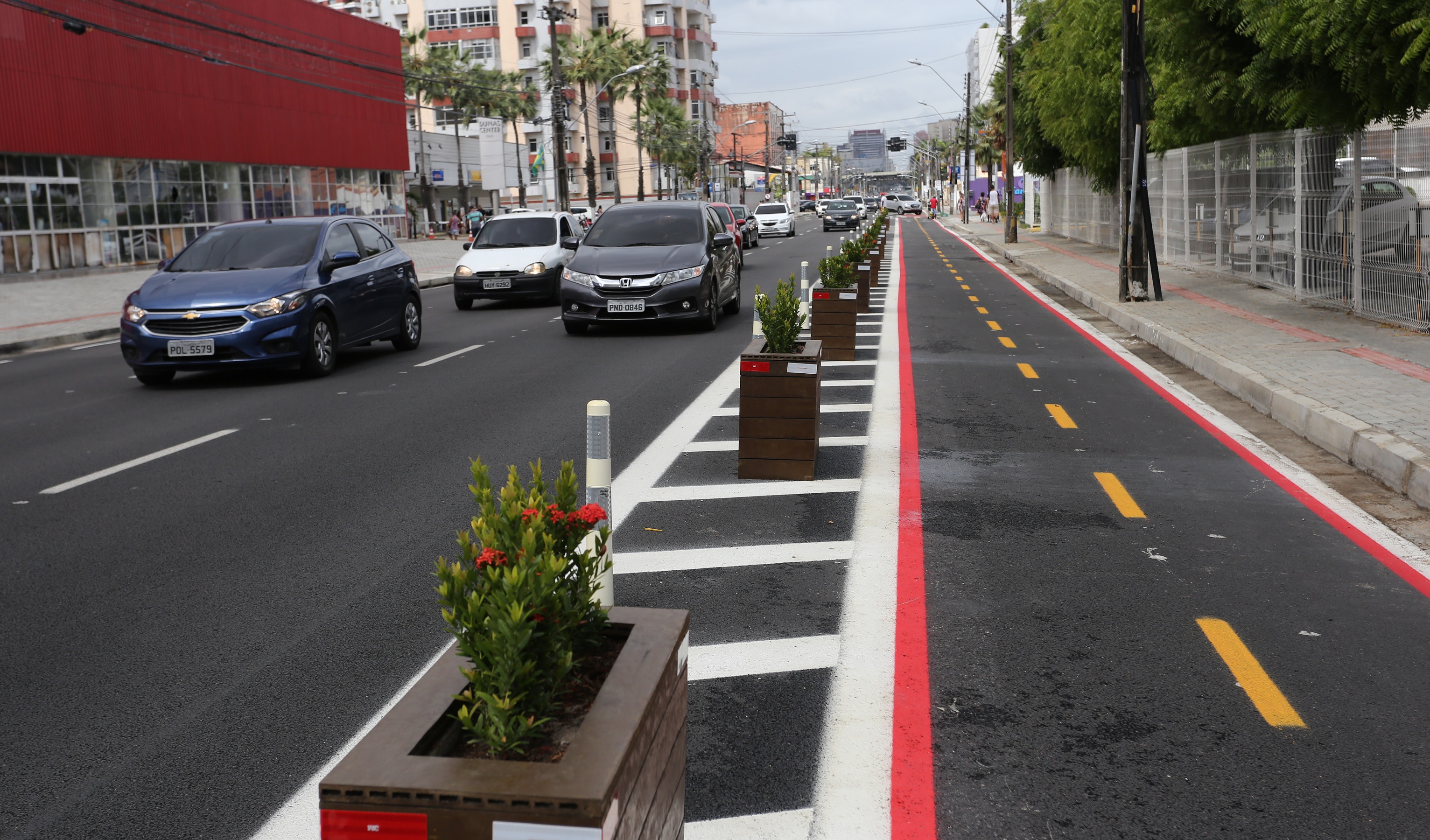 avenida com carros à esquerda e ciclofaixa à direita